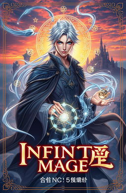 A captivating novel cover design inspired by the manhwa Infinite Mage, featuring a powerful mage in an elegant, flowing robe with intricate magical symbols glowing around them