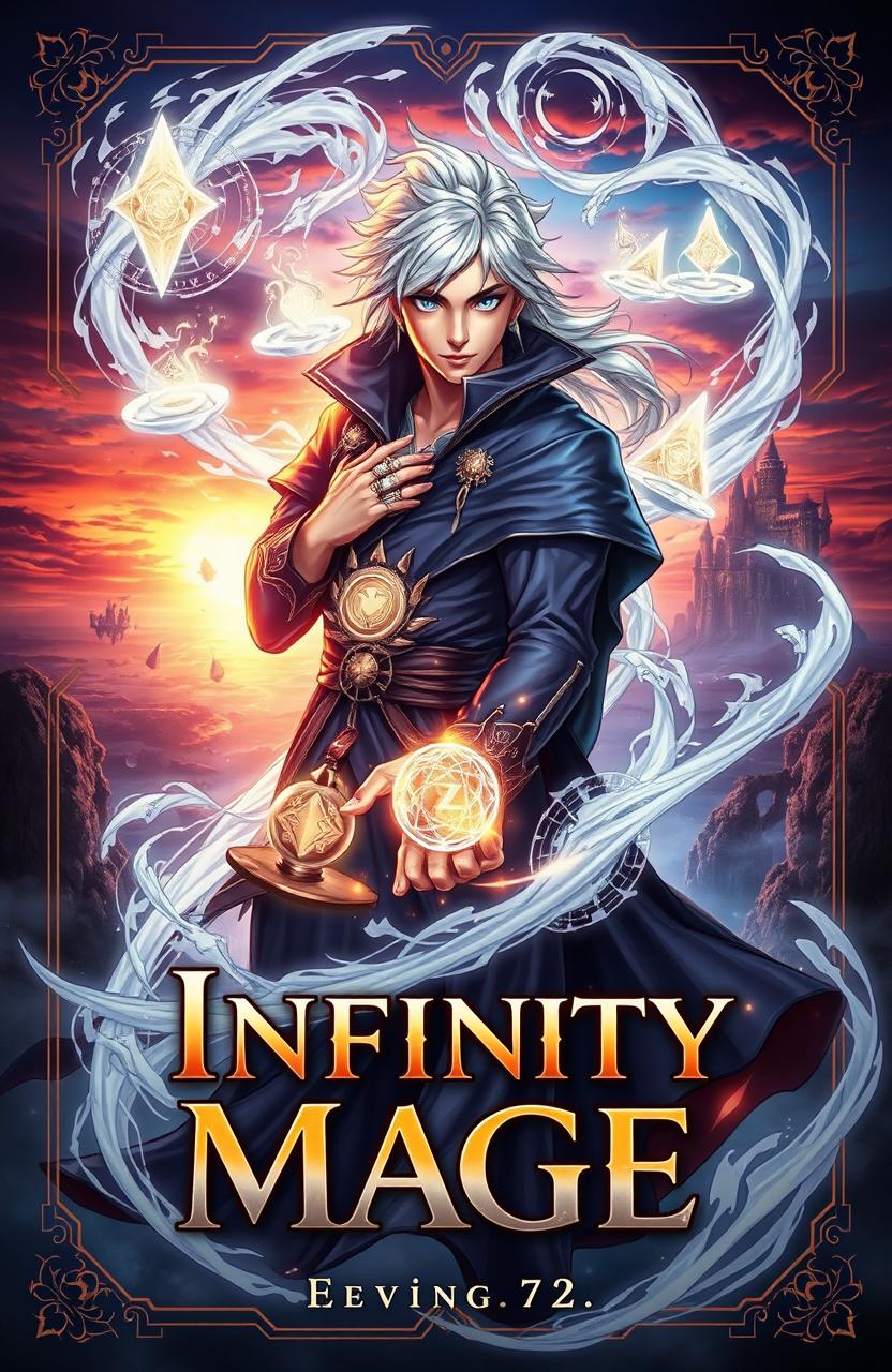 A captivating novel cover design inspired by the manhwa Infinite Mage, featuring a powerful mage in an elegant, flowing robe with intricate magical symbols glowing around them