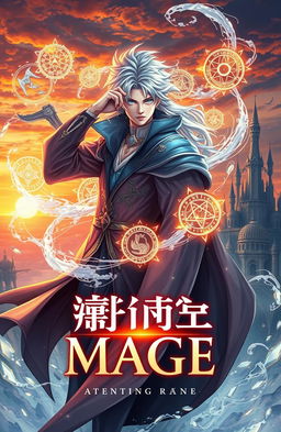 A captivating novel cover design inspired by the manhwa Infinite Mage, featuring a powerful mage in an elegant, flowing robe with intricate magical symbols glowing around them