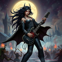 In a Dungeons & Dragons art style, a fierce Latina rockstar vampire with long, flowing ebony hair and glowing red eyes