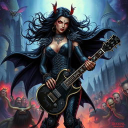 In a Dungeons & Dragons art style, a fierce Latina rockstar vampire with long, flowing ebony hair and glowing red eyes