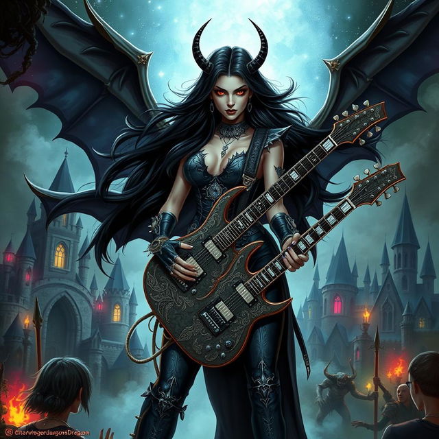 In a Dungeons & Dragons art style, a fierce Latina rockstar vampire with long, flowing ebony hair and glowing red eyes