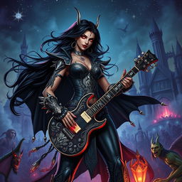 In a Dungeons & Dragons art style, a fierce Latina rockstar vampire with long, flowing ebony hair and glowing red eyes
