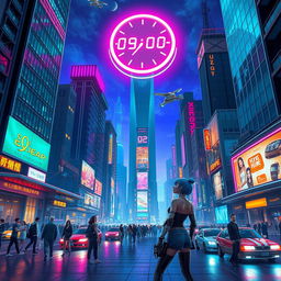 A vibrant, detailed scene of a futuristic city at night, with towering skyscrapers adorned with neon lights, bustling streets filled with people in stylish cyberpunk fashion, flying cars zipping through the air, and holographic advertisements lighting up the atmosphere