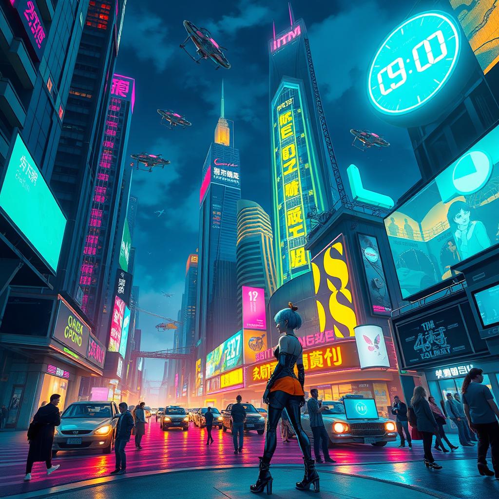 A vibrant, detailed scene of a futuristic city at night, with towering skyscrapers adorned with neon lights, bustling streets filled with people in stylish cyberpunk fashion, flying cars zipping through the air, and holographic advertisements lighting up the atmosphere