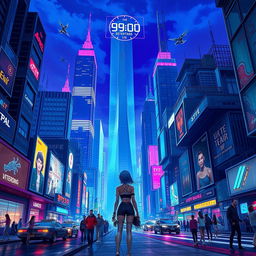 A vibrant, detailed scene of a futuristic city at night, with towering skyscrapers adorned with neon lights, bustling streets filled with people in stylish cyberpunk fashion, flying cars zipping through the air, and holographic advertisements lighting up the atmosphere