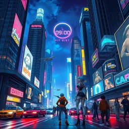 A vibrant, detailed scene of a futuristic city at night, with towering skyscrapers adorned with neon lights, bustling streets filled with people in stylish cyberpunk fashion, flying cars zipping through the air, and holographic advertisements lighting up the atmosphere