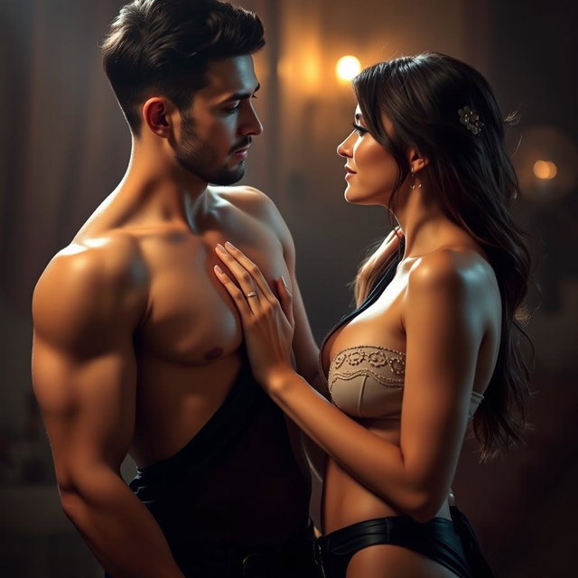 A couple engaged in an intimate scene, with a romantic atmosphere