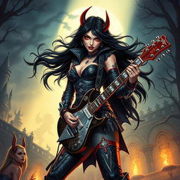 In a Dungeons & Dragons art style, a fierce Latina rockstar vampire features prominently