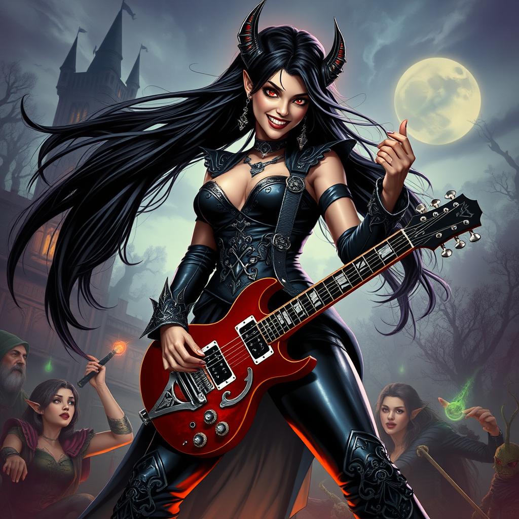 In a Dungeons & Dragons art style, a fierce Latina rockstar vampire features prominently