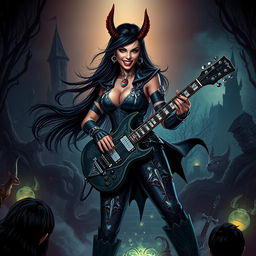 In a Dungeons & Dragons art style, a fierce Latina rockstar vampire features prominently