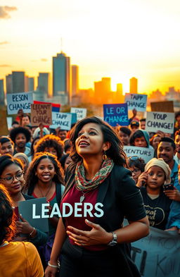 A dynamic and inspiring scene illustrating leadership and change, featuring a diverse group of passionate individuals gathered in an urban setting, actively engaging in a movement for social change