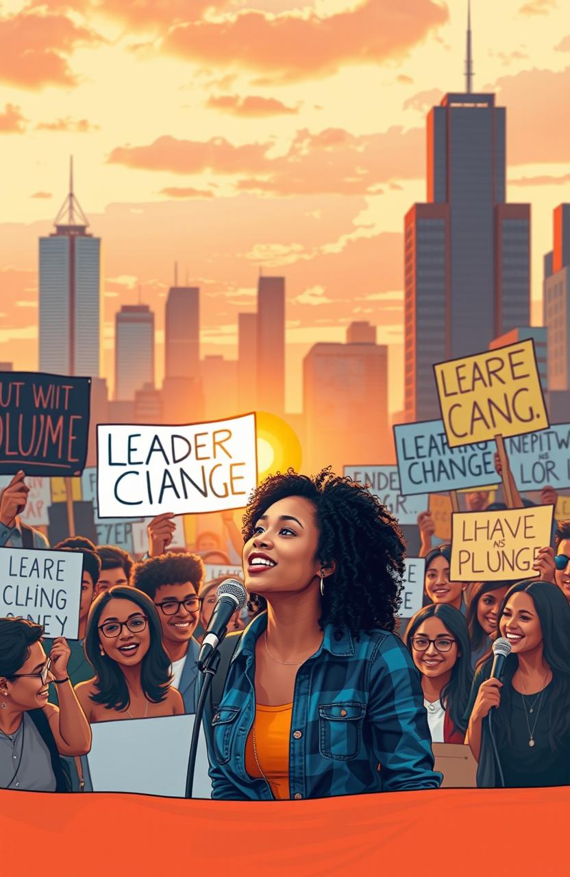 A dynamic and inspiring scene illustrating leadership and change, featuring a diverse group of passionate individuals gathered in an urban setting, actively engaging in a movement for social change