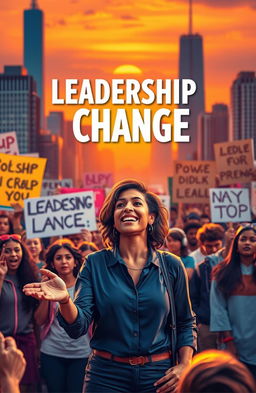 A dynamic and inspiring scene illustrating leadership and change, featuring a diverse group of passionate individuals gathered in an urban setting, actively engaging in a movement for social change