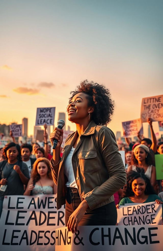 A dynamic and inspiring scene illustrating leadership and change, featuring a diverse group of passionate individuals gathered in an urban setting, actively engaging in a movement for social change