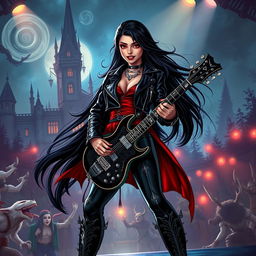 In a Dungeons & Dragons art style, a striking Latina rockstar vampire stands confidently on stage