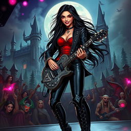 In a Dungeons & Dragons art style, a striking Latina rockstar vampire stands confidently on stage
