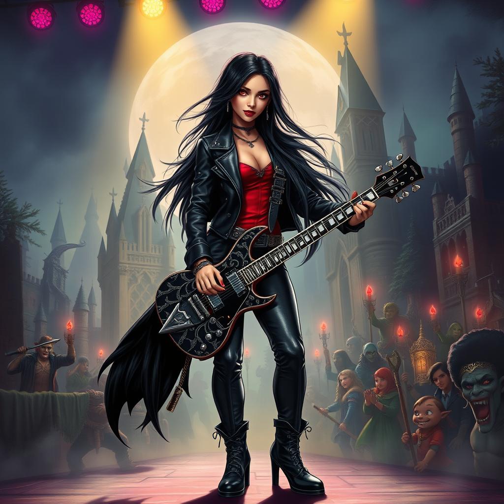 In a Dungeons & Dragons art style, a striking Latina rockstar vampire stands confidently on stage