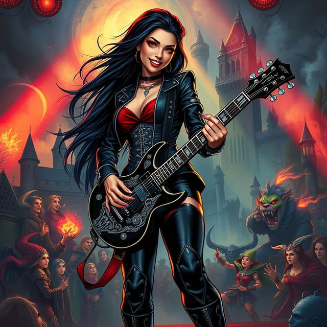 In a Dungeons & Dragons art style, a striking Latina rockstar vampire stands confidently on stage