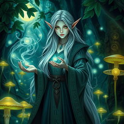 A mystical sorceress elf, with long flowing silver hair and piercing emerald green eyes, dressed in ornate robes adorned with ancient runes