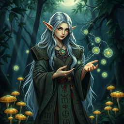 A mystical sorceress elf, with long flowing silver hair and piercing emerald green eyes, dressed in ornate robes adorned with ancient runes