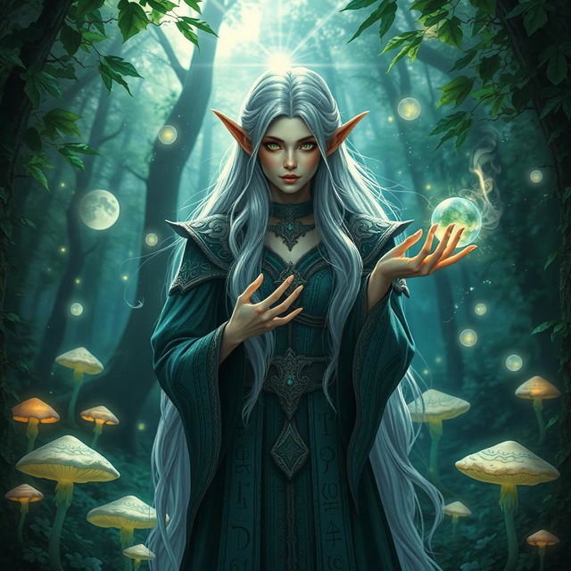 A mystical sorceress elf, with long flowing silver hair and piercing emerald green eyes, dressed in ornate robes adorned with ancient runes