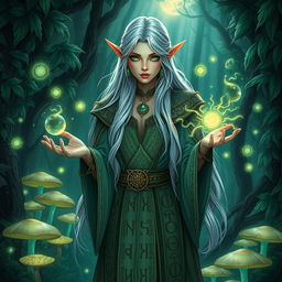 A mystical sorceress elf, with long flowing silver hair and piercing emerald green eyes, dressed in ornate robes adorned with ancient runes