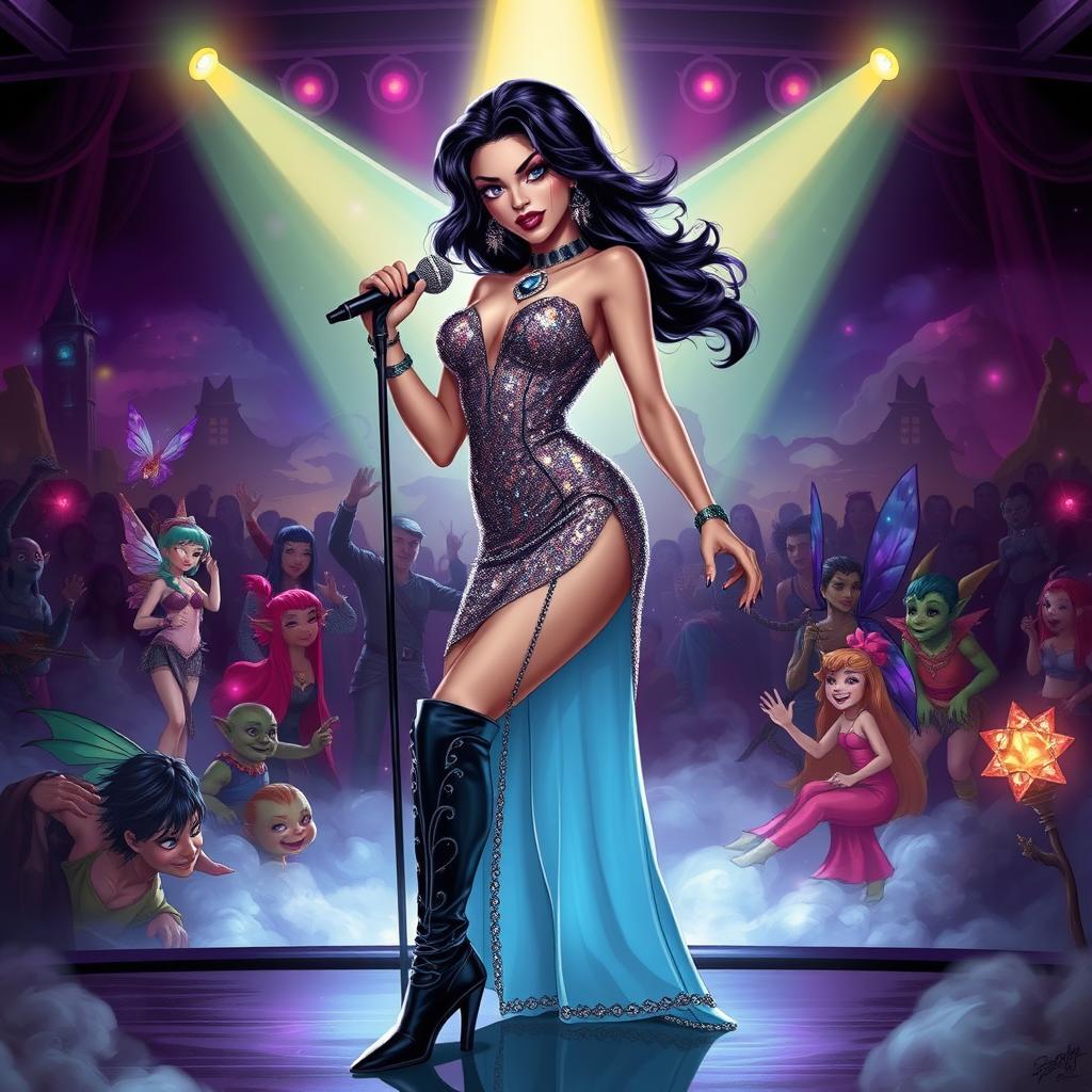 In a Dungeons & Dragons art style, a captivating Latina popstar vampire showcases her unique charm