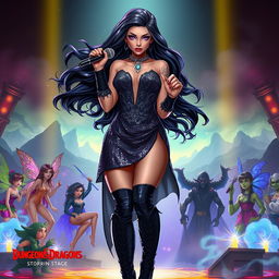 In a Dungeons & Dragons art style, a captivating Latina popstar vampire showcases her unique charm