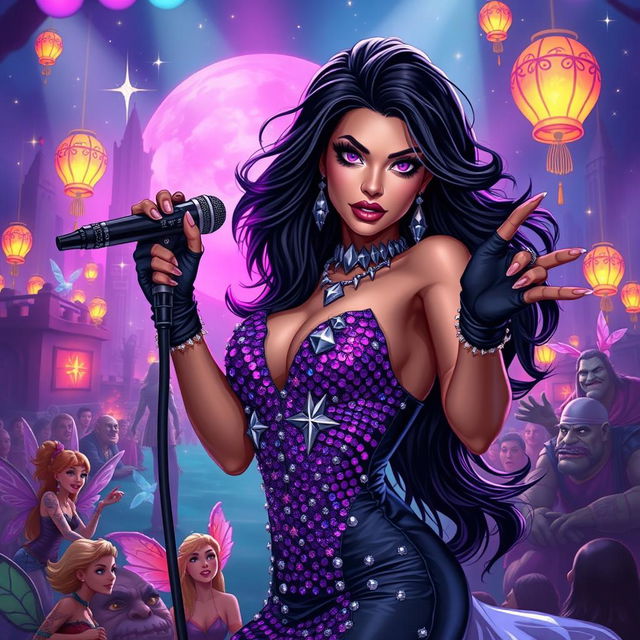 In a Dungeons & Dragons art style, a stunning Latina popstar vampire commands the stage with her magnetic presence