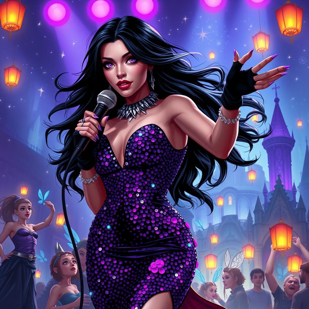 In a Dungeons & Dragons art style, a stunning Latina popstar vampire commands the stage with her magnetic presence