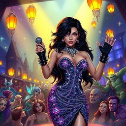 In a Dungeons & Dragons art style, a stunning Latina popstar vampire commands the stage with her magnetic presence