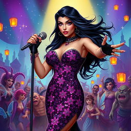 In a Dungeons & Dragons art style, a stunning Latina popstar vampire commands the stage with her magnetic presence