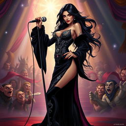 In a Dungeons & Dragons art style, a mesmerizing Latina popstar vampire stands confidently on a fantastical stage