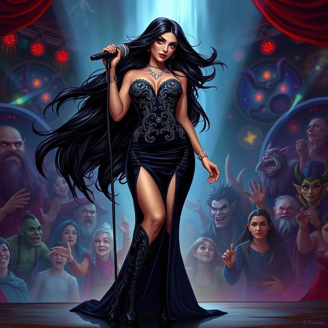 In a Dungeons & Dragons art style, a mesmerizing Latina popstar vampire stands confidently on a fantastical stage