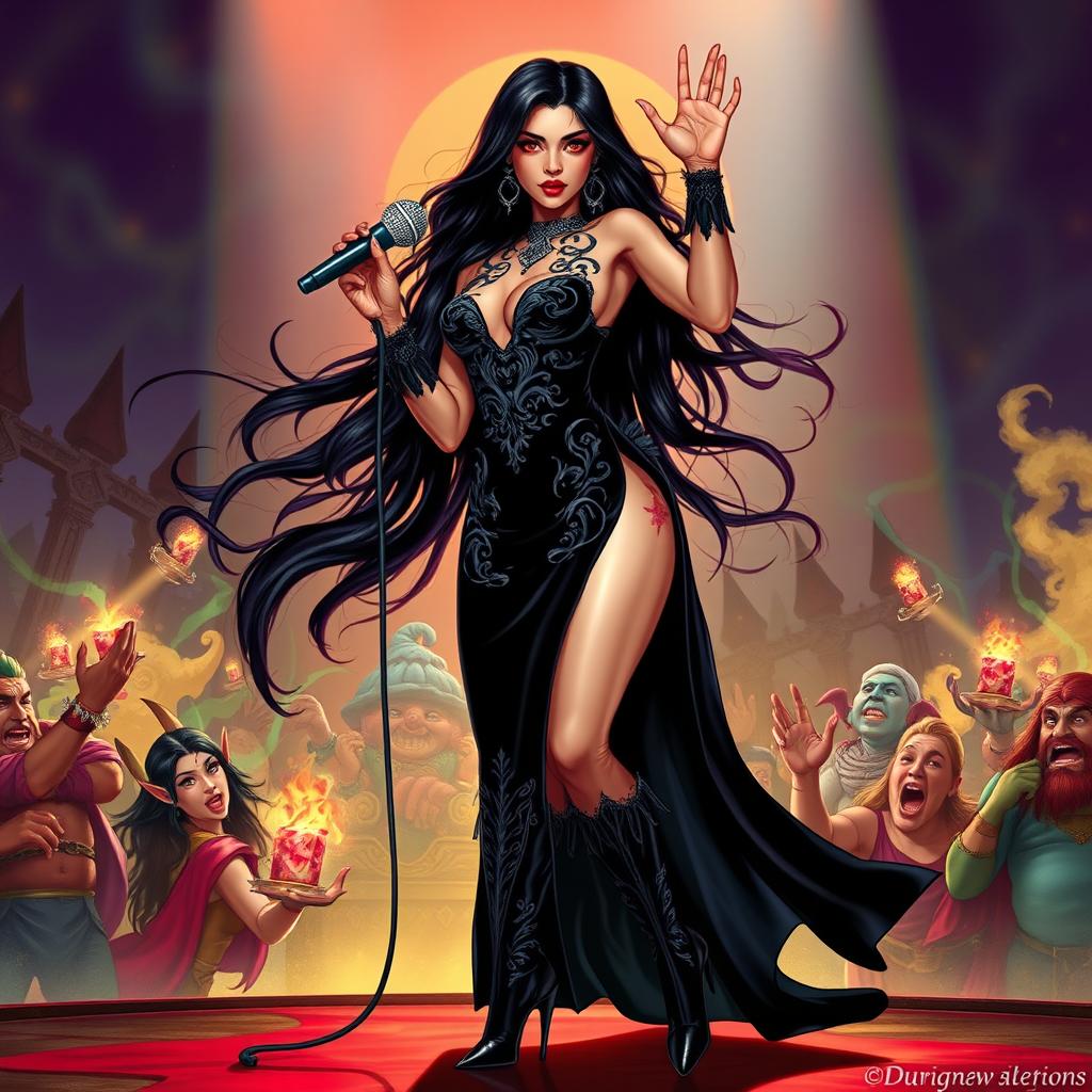 In a Dungeons & Dragons art style, a mesmerizing Latina popstar vampire stands confidently on a fantastical stage