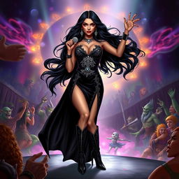In a Dungeons & Dragons art style, a mesmerizing Latina popstar vampire stands confidently on a fantastical stage