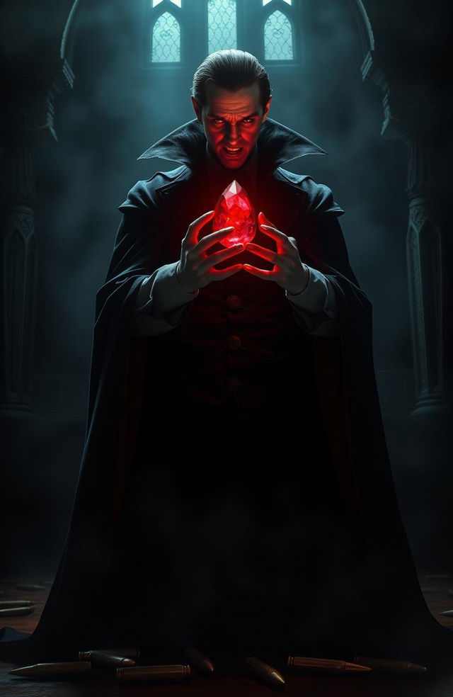 A dramatic vampire figure standing in a dark, gothic castle, holding a crimson red stone pendant that glows ominously in the dim light