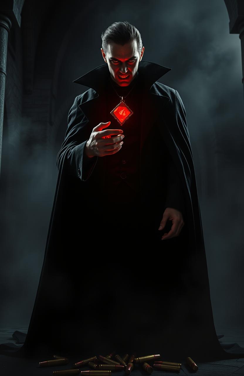 A dramatic vampire figure standing in a dark, gothic castle, holding a crimson red stone pendant that glows ominously in the dim light