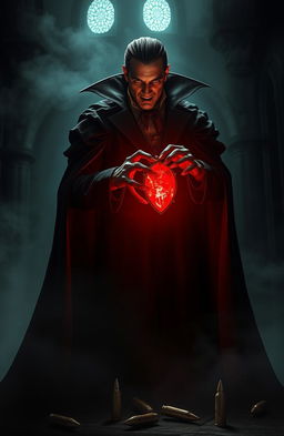 A dramatic vampire figure standing in a dark, gothic castle, holding a crimson red stone pendant that glows ominously in the dim light