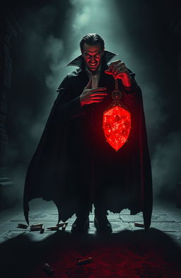 A dramatic vampire figure standing in a dark, gothic castle, holding a crimson red stone pendant that glows ominously in the dim light