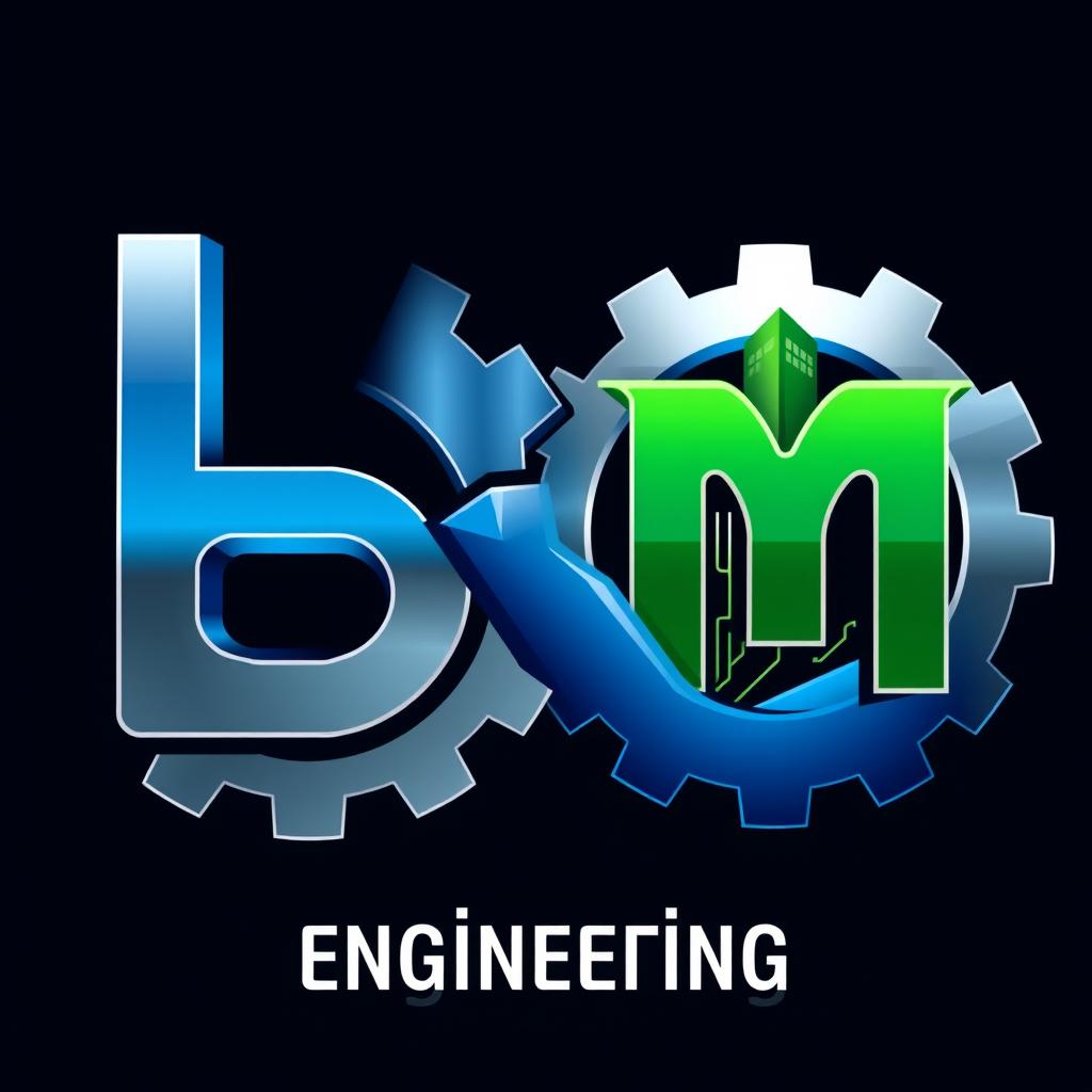 A creative logo design featuring the letters 'b' and 'm' merged in a unique and imaginative way that symbolizes engineering