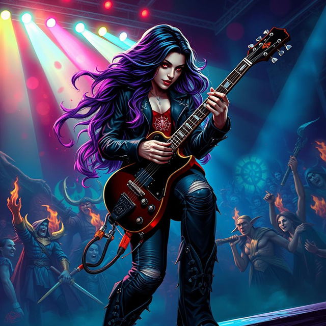 In a Dungeons & Dragons art style, a captivating Latina rockstar vampire passionately plays her electric guitar on a grand, fantastical stage