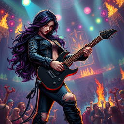 In a Dungeons & Dragons art style, a captivating Latina rockstar vampire passionately plays her electric guitar on a grand, fantastical stage