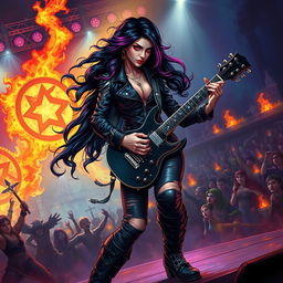 In a Dungeons & Dragons art style, a captivating Latina rockstar vampire passionately plays her electric guitar on a grand, fantastical stage