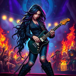In a Dungeons & Dragons art style, a captivating Latina rockstar vampire passionately plays her electric guitar on a grand, fantastical stage