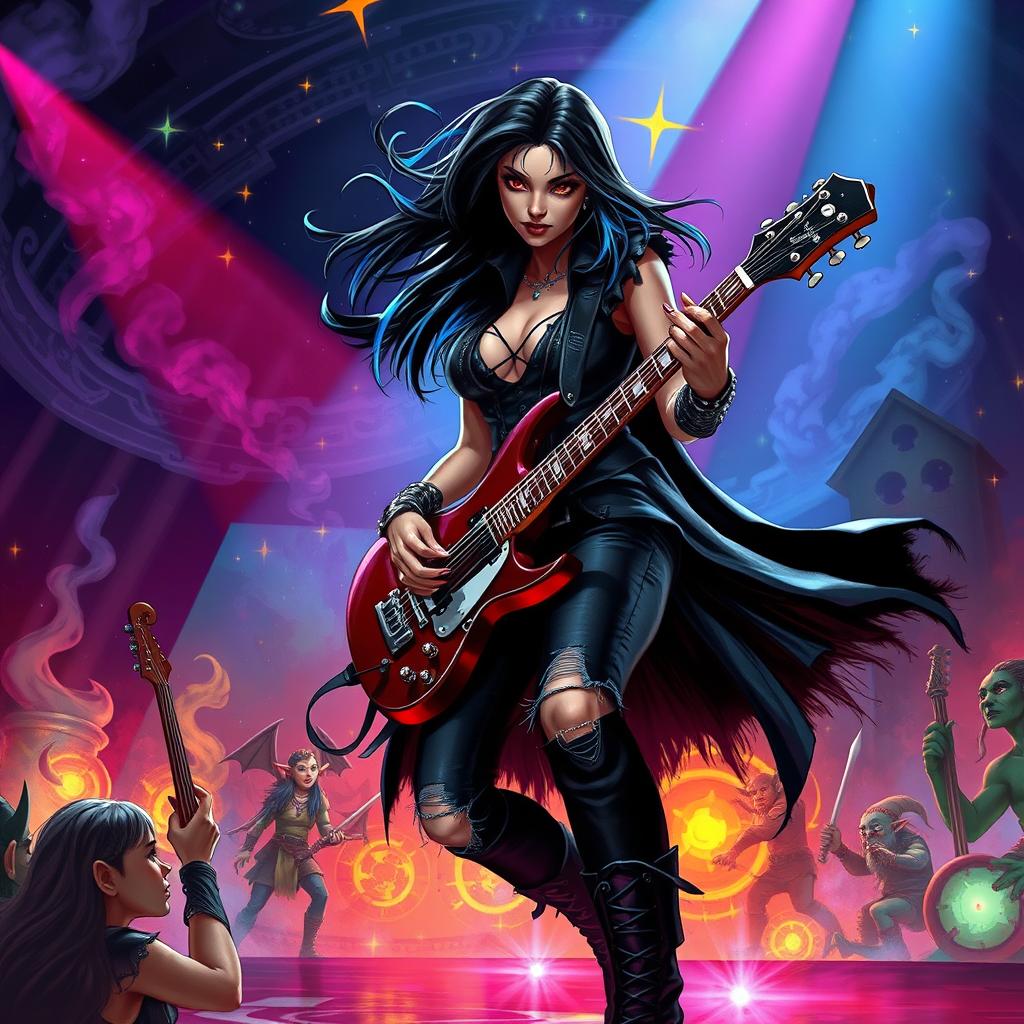 In a Dungeons & Dragons art style, a striking Latina rockstar vampire plays her electric guitar with passionate intensity on a fantastical stage