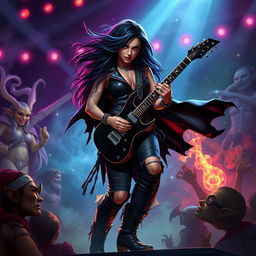 In a Dungeons & Dragons art style, a striking Latina rockstar vampire plays her electric guitar with passionate intensity on a fantastical stage