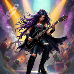 In a Dungeons & Dragons art style, a striking Latina rockstar vampire plays her electric guitar with passionate intensity on a fantastical stage