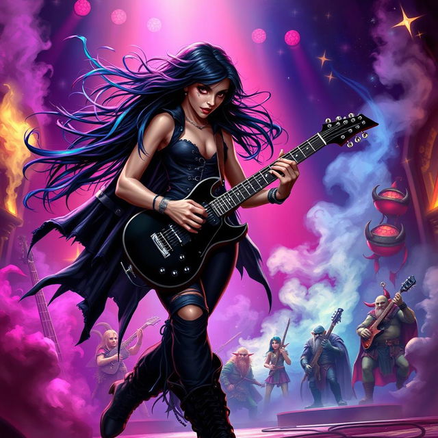 In a Dungeons & Dragons art style, a striking Latina rockstar vampire plays her electric guitar with passionate intensity on a fantastical stage